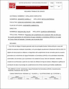 Portada Diagnóstico del cumplimiento de la resolución 0631 de 2015 para los usuarios generadores de vertimientos de aguasresiduales no domésticas (ARND) en la ciudad de Cúcuta. Norte de Santander, Colombia, para el período 2018