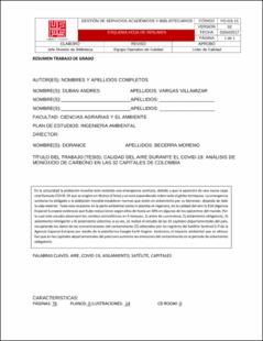 Portada Calidad del aire durante el covid-19: análisis de monóxido de carbono en las 32 capitales de Colombia