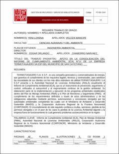 Portada Apoyo en la consolidación del informe de cumplimiento ambiental (ica) n°14 de la empresa termotasajero S.A E.S.P del municipio de san Cayetano.