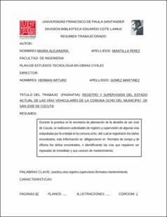 Portada Registro y supervisión del estado actual de las vías vehiculares de la comuna ocho del municipio de San José de Cúcuta