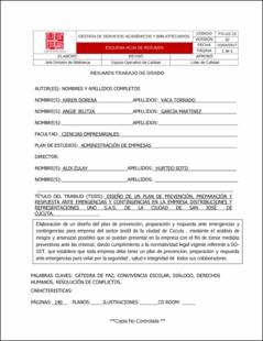 Portada Diseño de un plan de prevención, preparación y respuesta ante emergencias y contingencias en la empresa Distribuciones y Representaciones Uno S.A.S. de la Ciudad de San José de Cúcuta