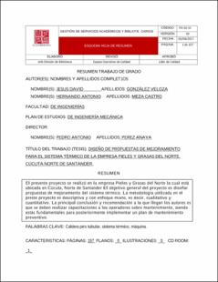 Portada Diseño de propuestas de mejoramiento para el sistema térmico de la empresa pieles y grasas del norte, Cúcuta Norte de Santander