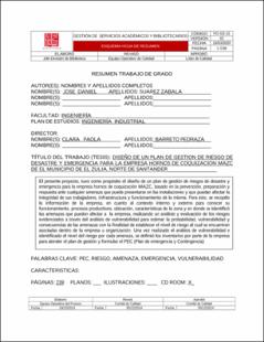 Portada Diseño de un plan de gestión de riesgo de desastre y emergencia para la empresa hornos de coquizacion mazc del municipio de El Zulia, Norte de Santander