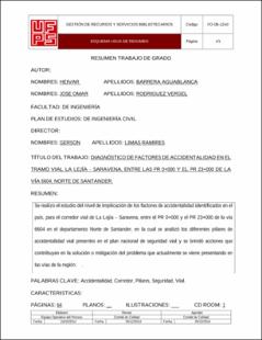 Portada Diagnóstico de factores de accidentalidad en el tramo vial la lejía – Saravena, entre las pr 0+000 y el pr 23+000 de la vía 6604, Norte de Santander.