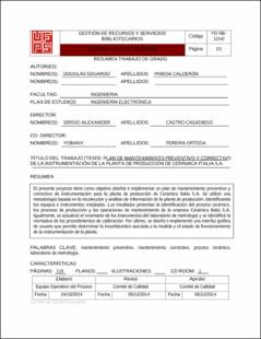 Portada Plan de mantenimiento preventivo y correctivo de la instrumentación de la planta de producción de cerámica Italia S.A. (Archivo Electrónico)