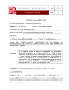 Portada Elaboración de un manual de procedimientos del servicio farmaceutico de la E.S.E. norte uno Buenos Aires Suarez