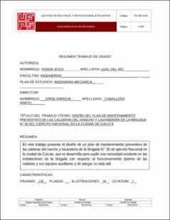 Portada Diseño del plan de mantenimiento preventivo de las calderas del rancho y lavandería de la brigada n° 30 del ejército nacional en la ciudad de Cúcuta (Archivo Electrónico)