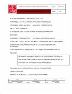 Portada Antibióticos (piperacilina/tazobactam y linezolid) y su relación con la prescripción en la farmacoterapia unidad de cuidados intensivos. Clínica norte. Cúcuta norte de Santander primer trimestre 2016.  (Archivo Electrónico)