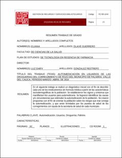Portada Automedicación en usuarios de las droguerías del corregimiento de rozo del municipio de Palmira, Valle del Cauca, periodo marzo–abril de 2016 (Archivo Electrónico)