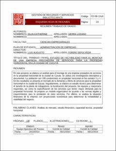 Portada Estudio de factibilidad para el montaje de una empresa prestadora de servicios para la propiedad horizontal en la ciudad de Cúcuta (Archivo Electrónico)