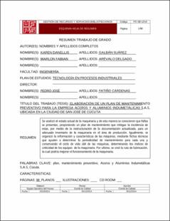 Portada Elaboración de un plan de mantenimiento preventivo para la empresa aceros y aluminios indumetálicas s.a.s, ubicada en la ciudad de san José de Cúcuta (Archivo Electrónico)