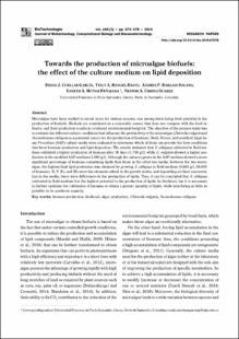 Portada Towards the production of microalgae biofuels: the effect of the culture medium on lipid deposition