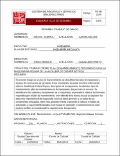 Portada Plan de mantenimiento preventivo para la maquinaria pesada de la alcaldía de cubará Boyacá (Archivo  Electrónico)