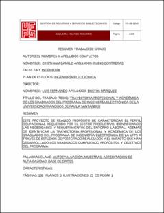 Portada Trayectoria profesional y académica de los graduados del programa de ingeniería electrónica de la universidad francisco de paula santander (Archivo Electrónico)