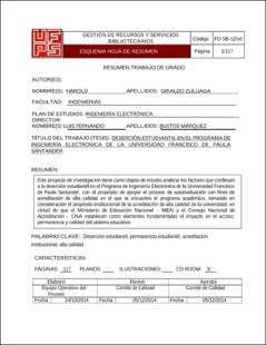 Portada Deserción estudiantil en el programa de ingeniería electrónica de la Universidad Francisco de Paula Santander. (Archivo Elctónico)