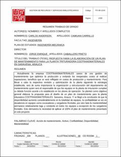 Portada Propuesta para la elaboración de un plan de mantenimiento para la planta trituradora cootransmateriales en Saravena, Arauca.(Archivo Electrónico)