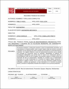 Portada Plan de mantenimiento preventivo para las máquinas y equipos de la alcaldia municipal de convención Norte de Santander (Archivo Electrónico)