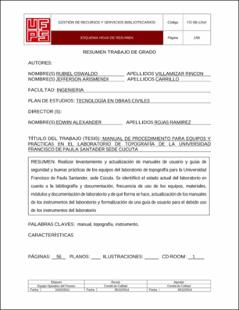 Portada Manual de procedimiento para equipos y prácticas en el laboratorio de topografía de la Universidad Francisco de Paula Santander