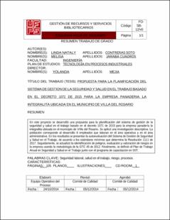 Portada Propuesta para la planificacion del sistema de gestión de la seguridad y salud en el trabajo basado en el decreto 1072 de 2015 para la empresa panaderia La Integralita ubicada en el municipio de Villa del Rosario