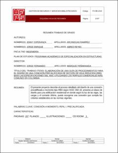 Portada Elaboración de una guía de procedimientos para el diseño de una conexión precalificada de sección de viga reducida (RBS) bajo las especificaciones del AISC utilizando los perfiles comerciales más comunes en Colombia