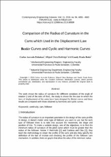 Portada Comparison of the radius of curvature in the cams which used in the displacement law beziér curves and cyclic and harmonic curves