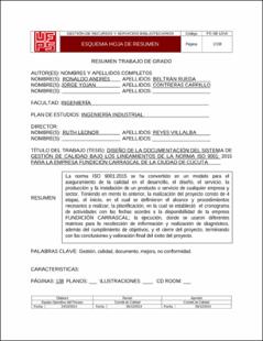 Portada Diseño de la documentación del sistema de gestión de calidad bajo los lineamientos de la norma iso 9001: 2015 para la empresa fundición carrascal de la ciudad de Cúcuta
