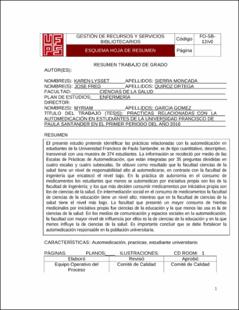 Portada Prácticas relacionadas con la automedicación en estudiantes de la universidad francisco de paula Santander en el primer periodo del año 2016 (Archivo Electrónico)