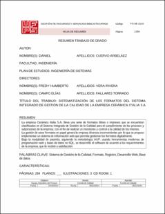 Portada Sistematización de los formatos del sistema integrado de gestión de la calidad de la empresa cerámica Italia s.a.