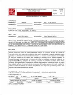 Portada Evaluación integral de la calidad del bloque arcilloso en una sección del área del contrato de concesión minero n°609 en el municipio de Los Patios - Norte de Santander, para utilización de la empresa cerámica italia s.a modalidad de pasantía.