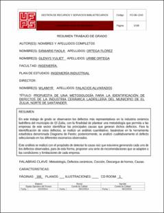 Portada Propuesta de una metodología para la identificación de defectos de la industria cerámica ladrillera del municipio de El Zulia, Norte de Santander.