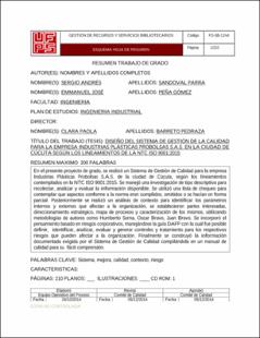 Portada Diseño del sistema de gestión de la calidad para la empresa industrias plásticas probolsas s.a.s. en la ciudad de Cúcuta según los lineamientos de la ntc iso 9001:2015.