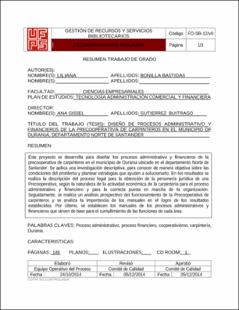 Portada Diseño de procesos administrativo y financieros de la precooperativa de carpinteros en el municipio de Durania, departamento Norte de Santander.
