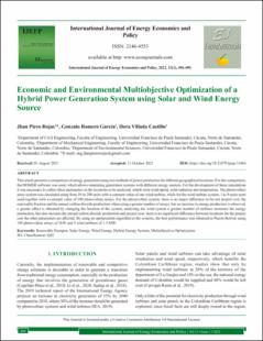 Portada Economic and Environmental Multiobjective Optimization of a Hybrid Power Generation System using Solar and Wind Energy Source