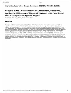 Portada Analysis of the characteristics of combustion, emissions, and energy efficiency of blends of heptanol with pure diesel fuel in compression ignition engine(Article)