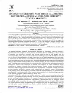 Portada SYNERGISTIC CORROSION-WEAR EFFECT IN AUSTENITIC POWDER METALLURGICAL STEEL WITH DIFFERENT TITANIUM ADDITIONS