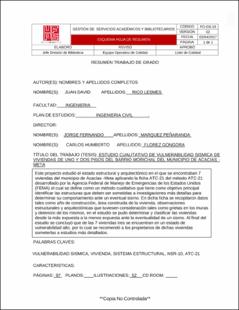 Portada Estudio cualitativo de vulnerabilidad sísmica de viviendas de uno y dos pisos del barrio Morichal del municipio de Acacias - Meta