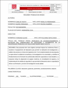 Portada Propuesta de acondicionamiento y dotación del laboratorio de geotecnia y pavimentos de la universidad Francisco de Paula Santander sede Cúcuta
