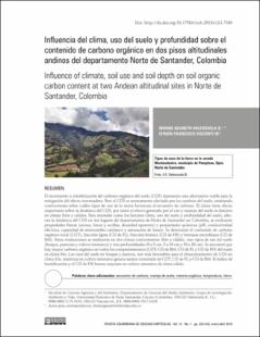 Portada Influencia del clima, uso del suelo y profundidad sobre el contenido de carbono orgánico en dos pisos altitudinales andinos del departamento Norte de Santander, Colombia