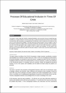 Portada Processes Of Educational Inclusion In Times Of Crisis