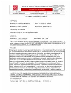 Portada Propuesta de planificación y organización para el mantenimiento de los equipos del laboratorio de formación cerámica de la universidad Francisco de Paula Santander