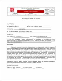 Portada Propuesta de mejora en la gestión por procesos para la empresa proyecciones plásticas lirio del campo s.a.s de la ciudad de Cúcuta