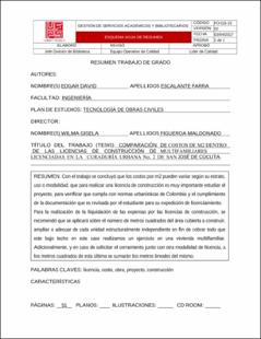 Portada Comparación de costos de m2 dentro de las licencias de construcción de multifamiliares licenciadas en la curaduría urbana no. 2 de san José de Cúcuta