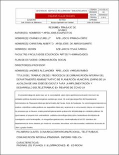 Portada Procesos de comunicación interna del departamento administrativo de planeación municipal (dapm) de la alcaldía de San José de Cúcuta para la implementación y desarrollo del teletrabajo en tiempos de covid-19