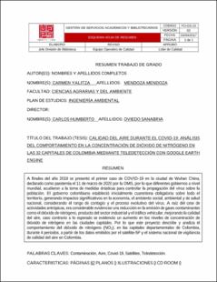 Portada Calidad del aire durante el covid-19: análisis del comportamiento en la concentración de dióxido de nitrógeno en las 32 capitales de Colombia mediante teledetección con google earth engine.