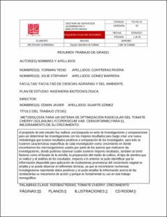 Portada Metodología para un sistema de optimización radicular del tomate cherry (solanum lycopersicum var. cerasiforme) para el mejoramiento de su crecimiento.