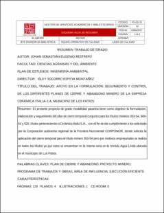 Portada Apoyo en la formulación, seguimiento y control de los diferentes planes de cierre y abandono minero de la empresa Cerámica Italia S.A, municipio de los Patios.