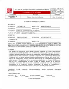 Portada Apoyo en la gestión ambiental en el marco del convenio interadministrativo ggc-521-2021, entre el ministerio de minas y energía y la universidad Francisco de Paula Santander.