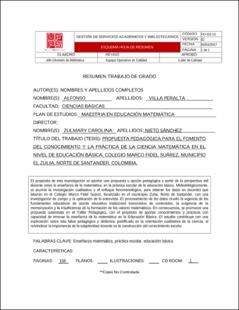 Portada Propuesta pedagógica para el fomento del conocimiento y la práctica de la ciencia matemática en el nivel de educación básica, colegio marco Fidel Suárez, municipio el Zulia, Norte de Santander, Colombia