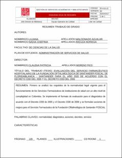 Portada Evaluación del servicio farmacéutico hospitalario de la fundación oftalmológica de Santander foscal de Floridablanca - Santander para el año 2020 de acuerdo con el decreto 2200 del 2005 y el decreto 2330 del 2006