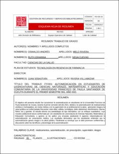 Portada Automedicación en estudiantes de licenciaturas de ciencias naturales, matemáticas y educación comunitaria de la Universidad Francisco de Paula Santander de Cúcuta durante el primer semestre del año 2021